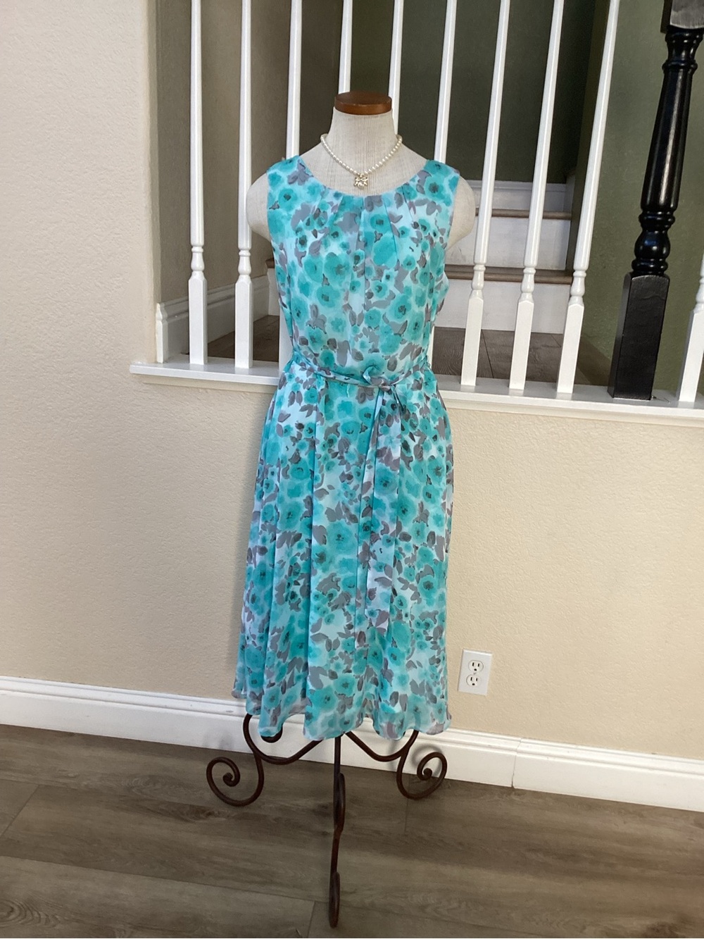 R&K Sleeveless Aqua Floral Midi Dress with Self Tie Belt